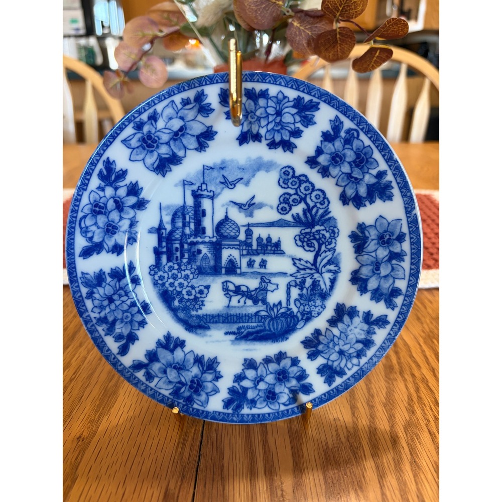 Vintage TA Japan Blue White Transferware Scenic Castle Floral Plate 6.25‎ inch